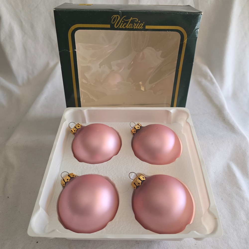 VTG Victoria Collection by Rauch Pink Satin Glass Christmas Ornaments (4) 2.5"